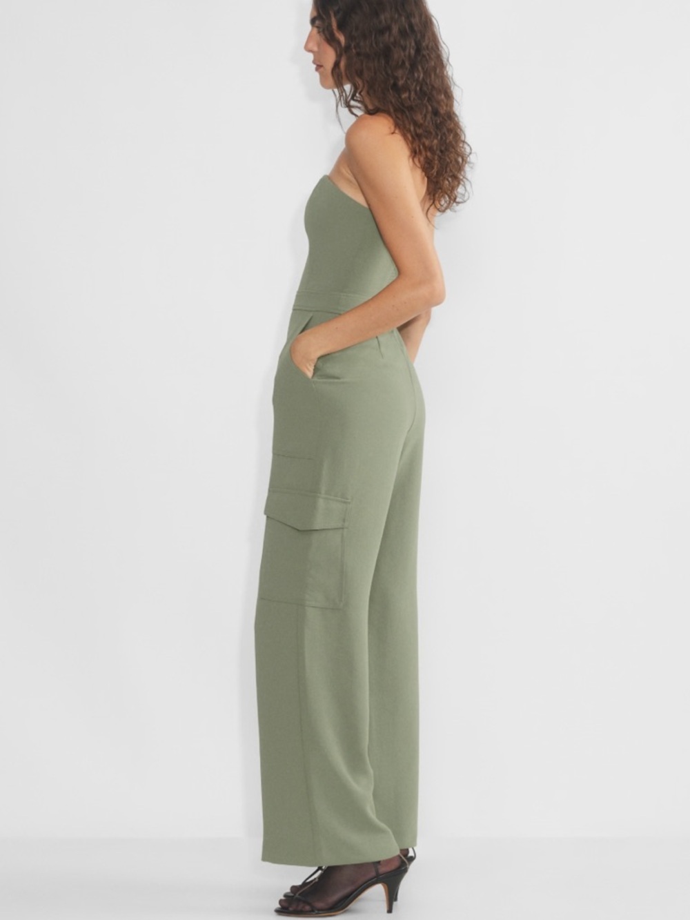 Aritzia CORDIAL CREPETTE Strapless Olive Jumpsuit